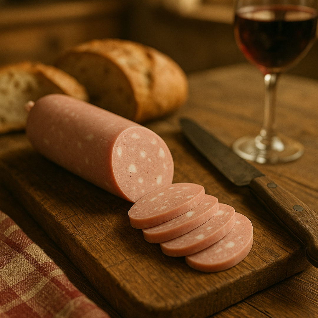 Salchichón cocido al ajillo entero y en rodajas sobre tabla