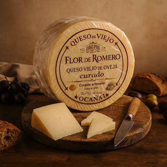 Queso añejo de oveja y cabra curado en aceite de oliva virgen extra, textura firme y artesanal sobre tabla de madera