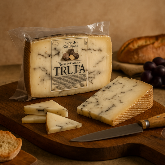 Queso de oveja curado con trufa negra, embutido gourmet artesanal con sabor intenso sobre tabla de madera