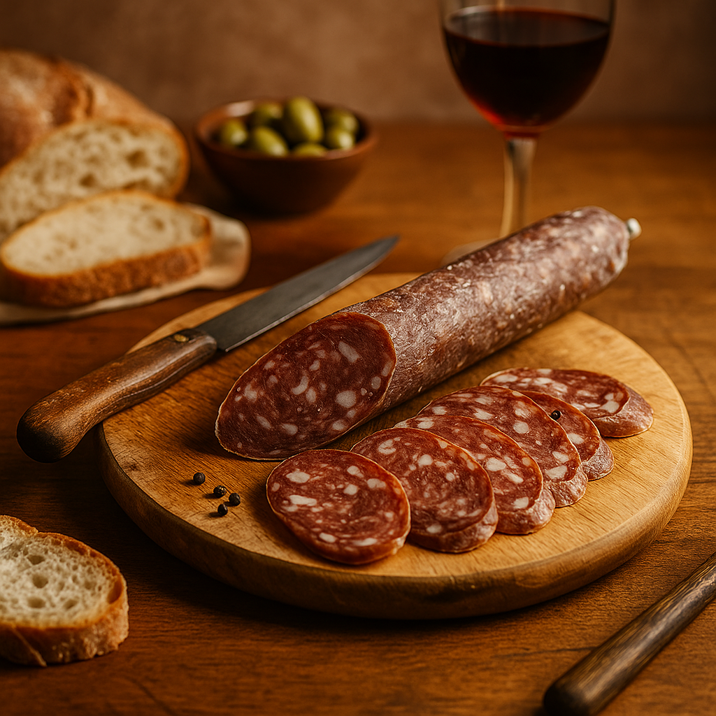 Salchichón casero a la pimienta, embutido artesanal andaluz curado lentamente sobre tabla rústica