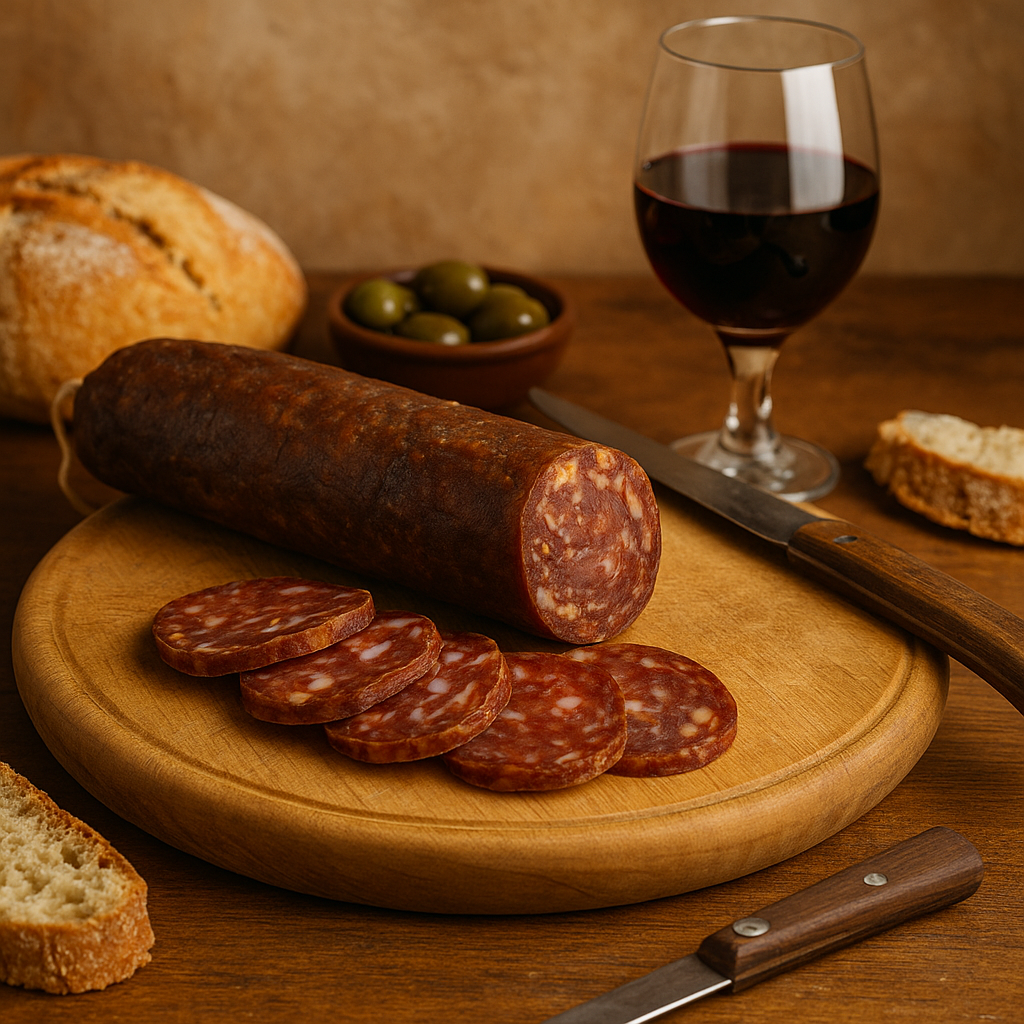 Chorizo ibérico extra curado artesanalmente, media pieza al vacío con sabor ahumado y especiado sobre tabla