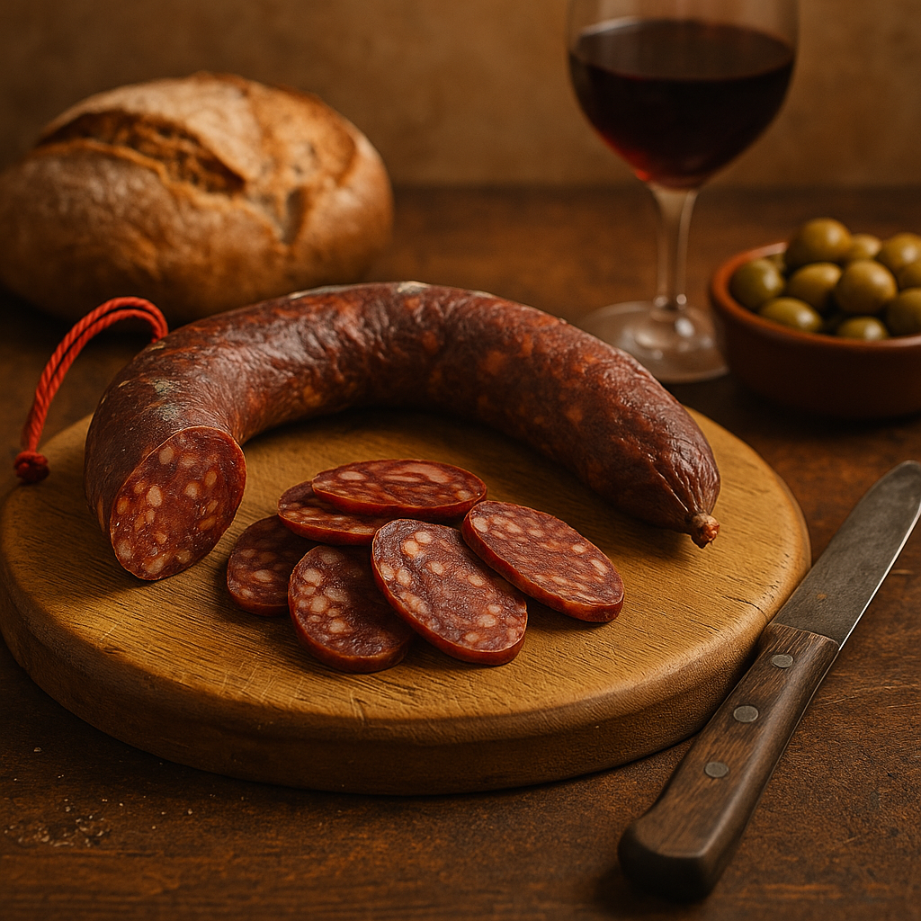 Chorizo casero picante artesanal con pimentón y guindilla, embutido tradicional sobre tabla de madera