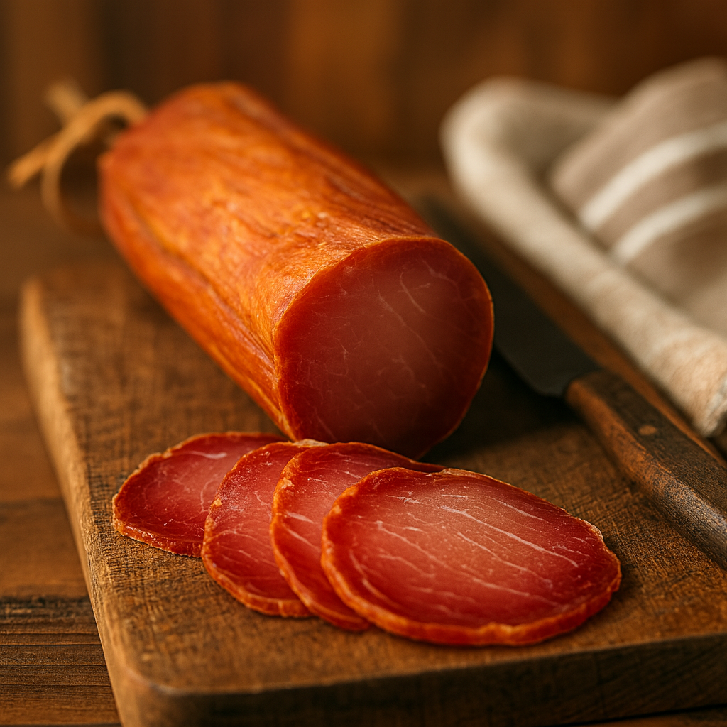 Caña de lomo curada de raza Duroc, embutido 100 % natural y artesanal sobre tabla