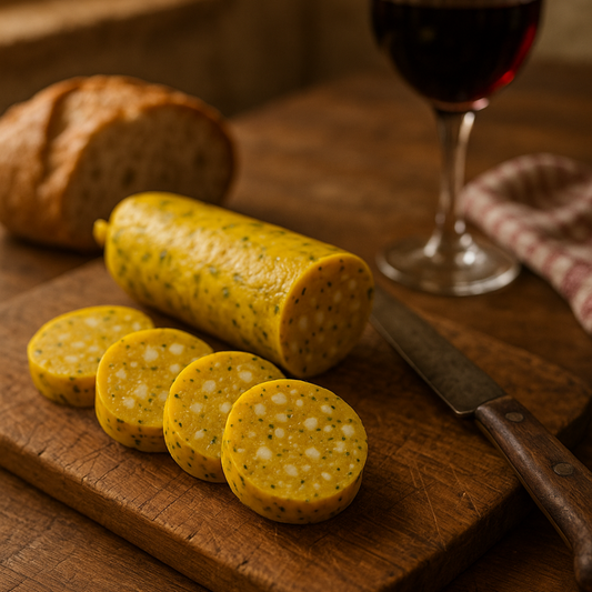 Embutido relleno andaluz casero en rodajas junto a pan y vino