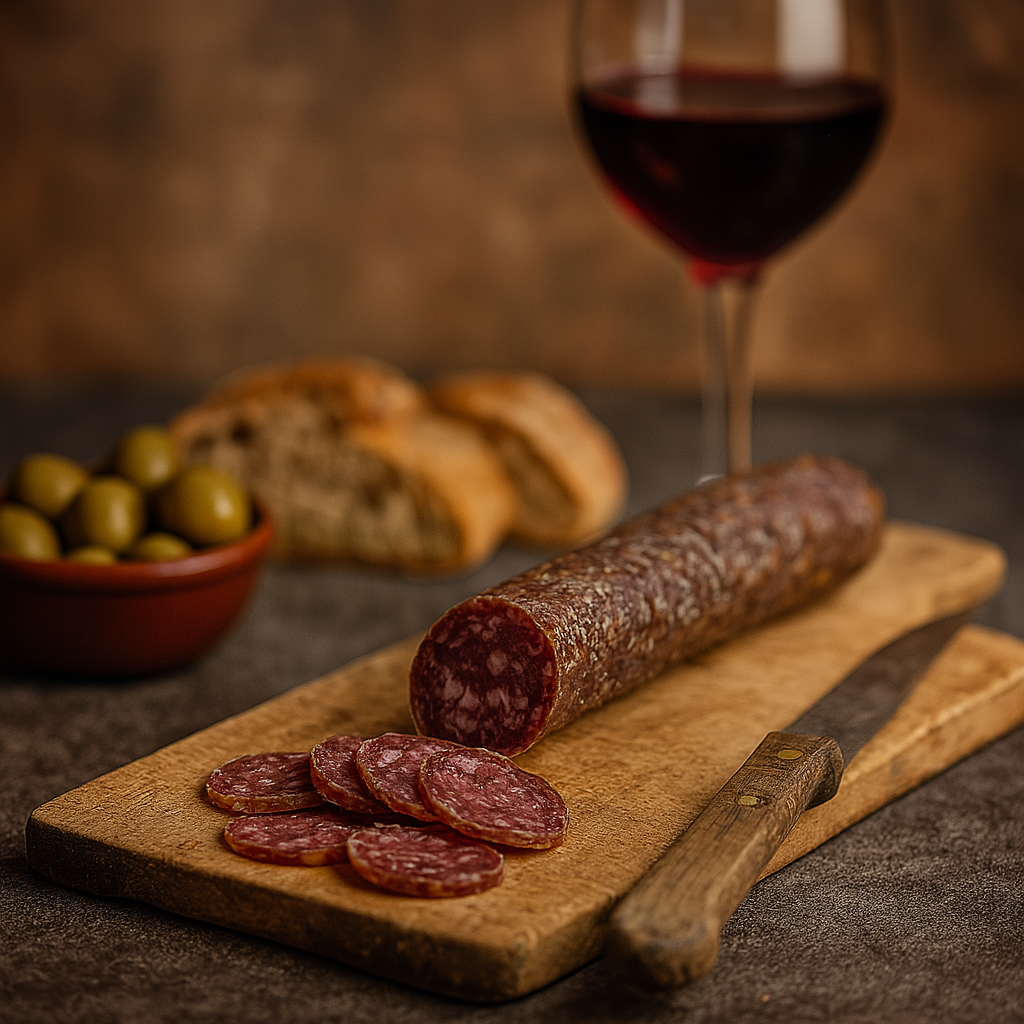 Salchichón vela ibérico curado artesanalmente, embutido fino con sabor equilibrado sobre tabla de corte