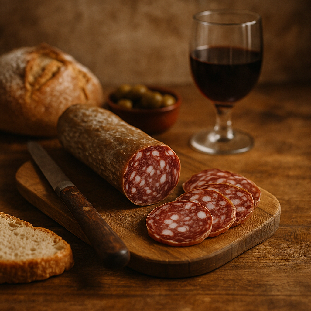 Salchichón ibérico extra curado artesanalmente, media pieza al vacío sobre tabla rústica