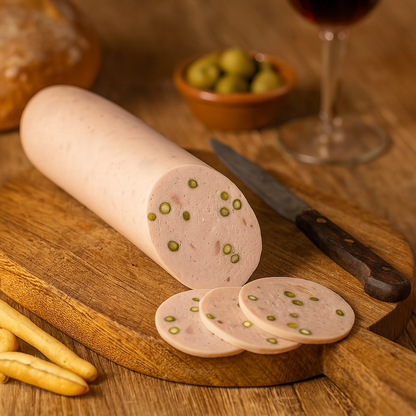 Embutido vienés curado con pimienta negra, embutido artesanal con toque ahumado sobre tabla de corte