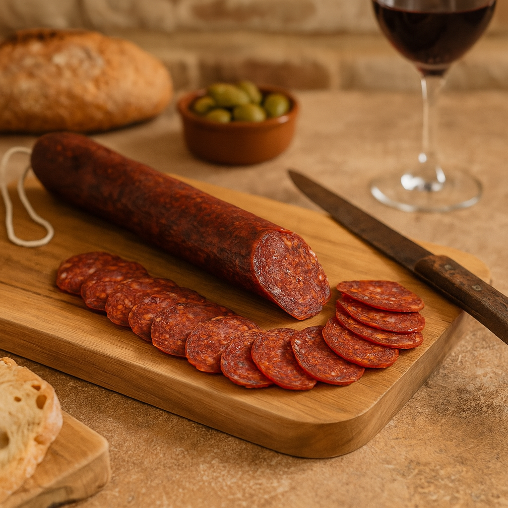 Chorizo vela ibérico curado artesanalmente, embutido fino y lleno de sabor sobre tabla de corte