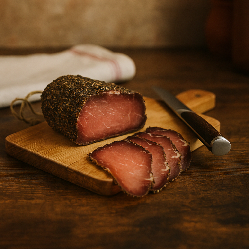 Lomo curado artesanal recubierto con pimienta negra, embutido tradicional andaluz sobre tabla